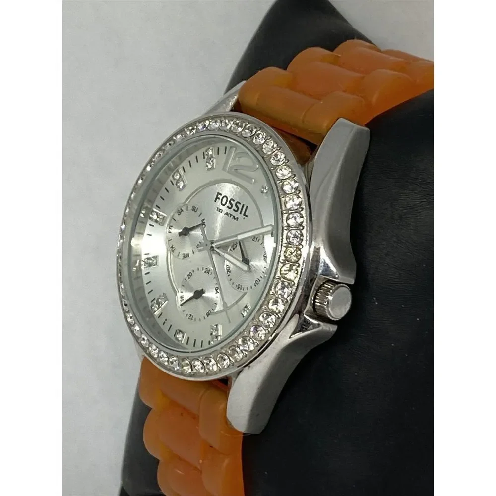 Fossil ES3202 Women Orange Rubber Analog Silver Dial Quartz Genuine Watch HK1018